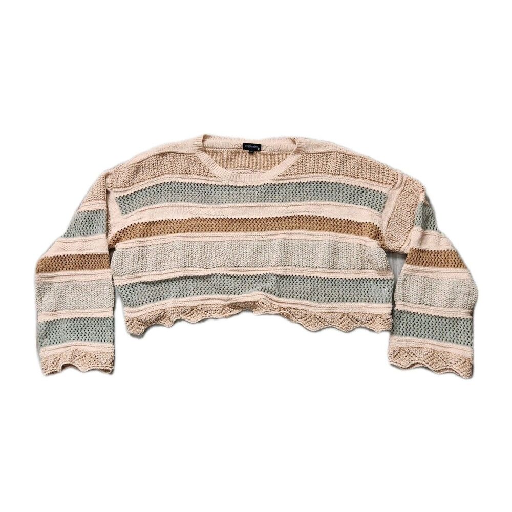 Originality Chenille Knit Crop Sweater Blue Cream Tan Lettuce Trim Sz L EUC